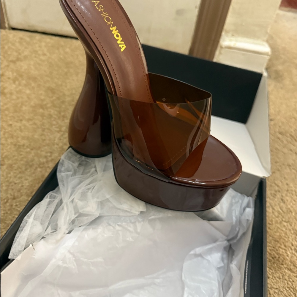 Fashion Nova Brown Platform Clear Strap Mules
